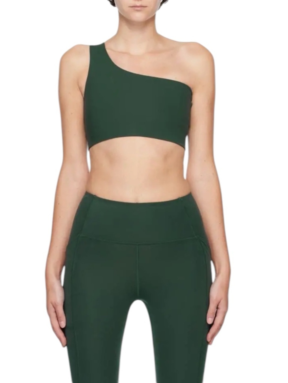 Girlfriend Collective Bianca One Shoulder Sports Bra in Dark Green Small